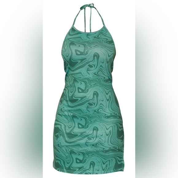 ♥️Pretty Little Thing Green Marble Halter Split Hem Bodycon Dress Women’s Sz 8 - Picture 2 of 12